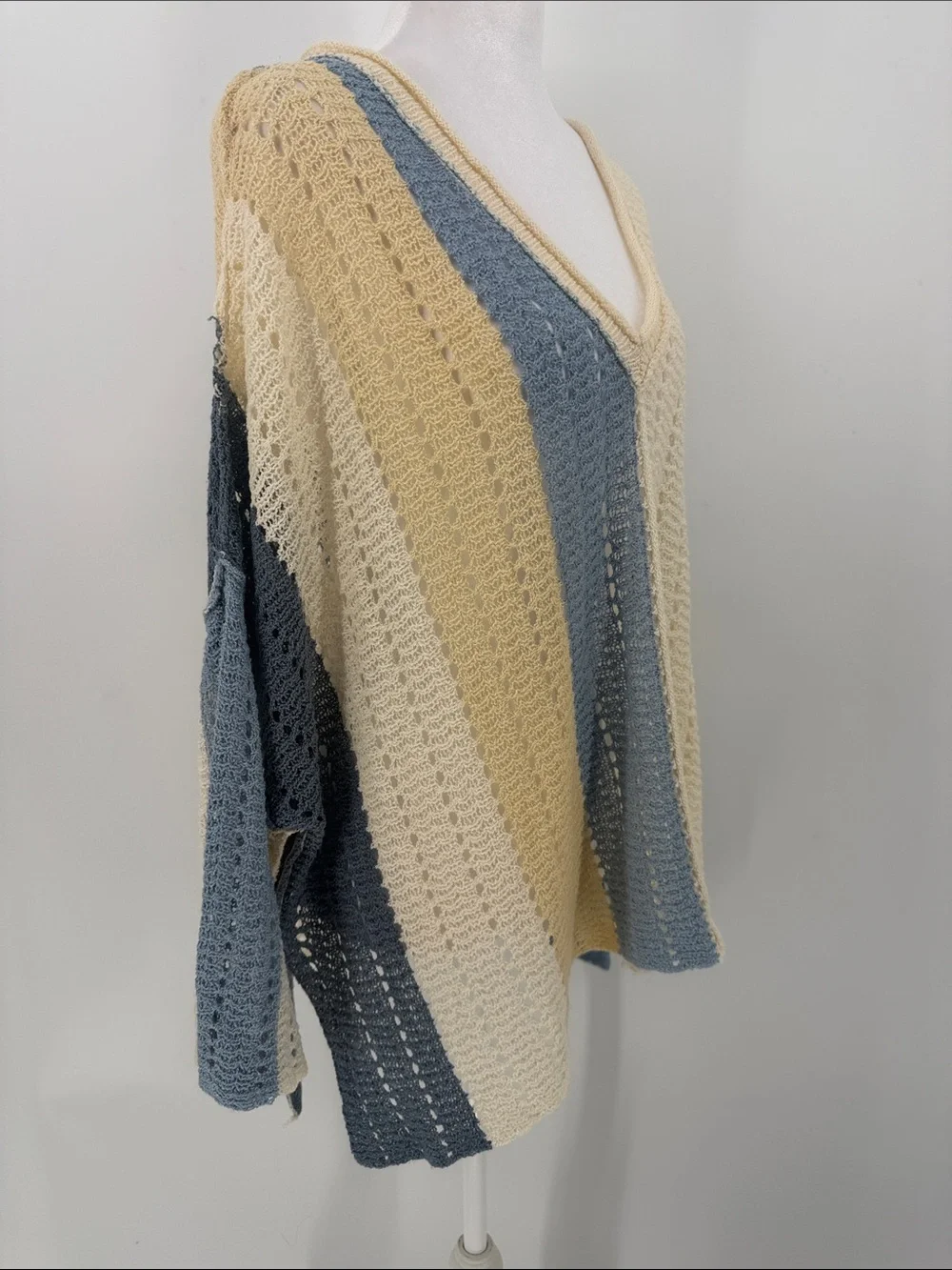 POL Cream Blue Colorblock Crochet Open Knit Oversized Boho Sweater M
